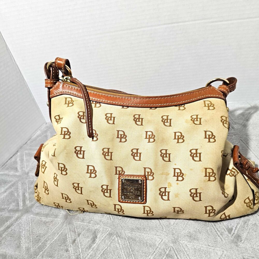 Dooney & Bourke DB Monogram Beige/Brown Shoulder Bag Zip Adjustable Strap